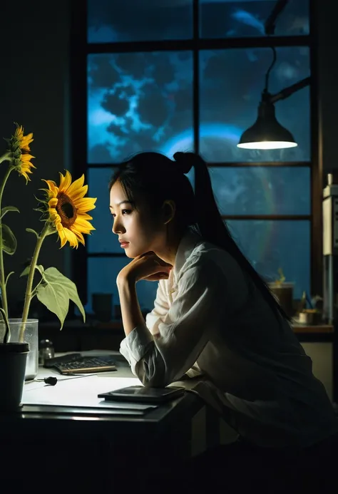 Genius Botanist beauty Misaki Sato, 28, Japanese, long black hair in a messy bun, concentrated expression, observing mysterious rainbow-colored sunflowers under a microscope in a dimly lit laboratory, moonlight through a large window casting long shadows, ...