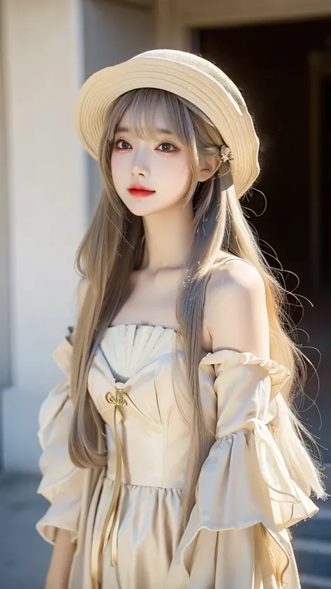 a woman with long hair wearing a beige dress and a hat, a stock photo by Lü Ji, trending on cg society, aestheticism, ulzzang, popular korean makeup, ”beautiful anime woman