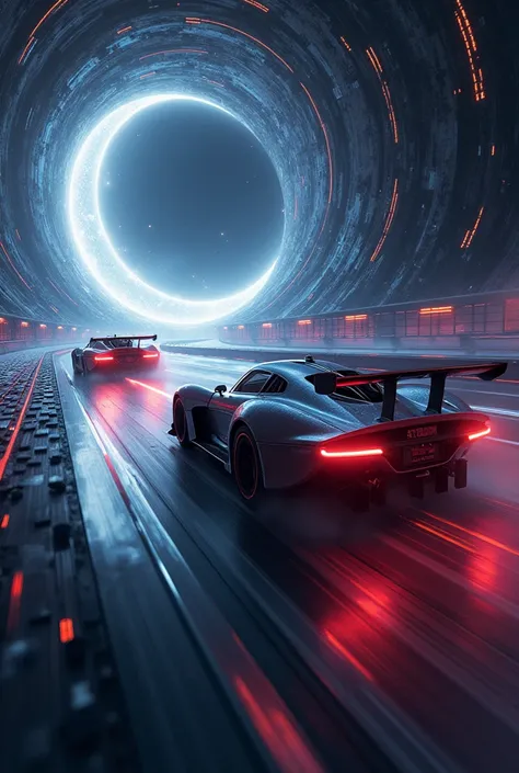 A race track, coming out of a black hole, with two cars competing in a race