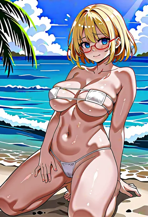 masterpiece, best quality, solo, beautiful huge breasts, beautiful thigh, beautiful skin, beautiful detailed eyes, extremely delicate and beautiful, beach, 1girl, waves, blonde hair, short hair, blue eyes, glasses, shiny skin, oiled skin, Anime girl, ((ful...