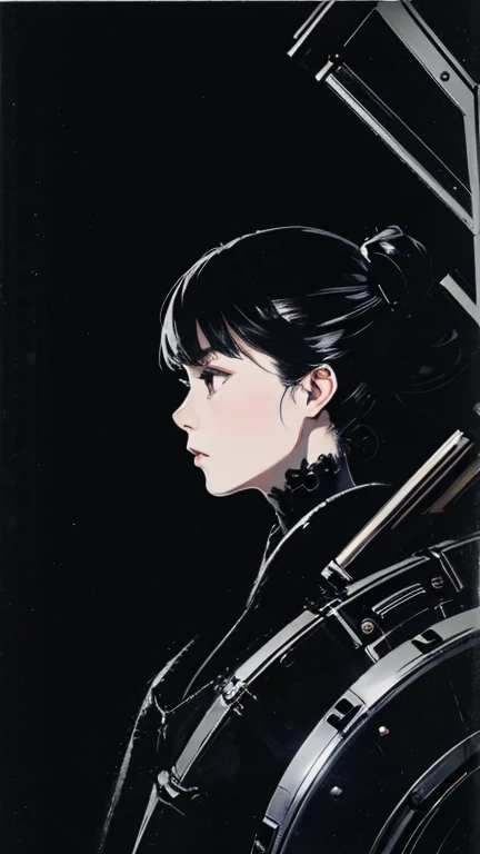 Black Hair、Cold look:1.5、Japanese woman in her 30s、Dark Background、One Cool Lady:1.5、night、Dark Eyes、Black gloves、Ominous Machine Lifeform、Nihil、Half of his body is made of machinery、Mechanical Man:1.5、profile