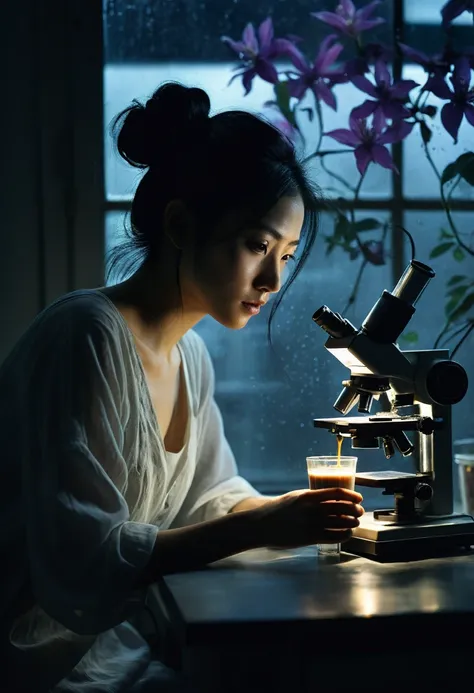 Beautiful botanical genius, Misaki Sato, 28, Japanese, long black hair in a messy bun, concentrated expression, in a dimly lit laboratory, peering through a microscope at a mysterious rainbow-colored clematis, moonlight through a large window casting long ...