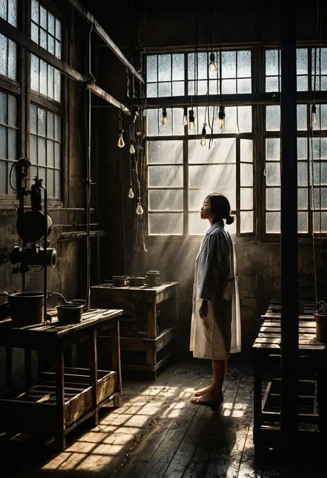 Inside a warehouse, high ceiling with exposed beams, dusty light streaming in through a window, Misaki Sato, a genius botanist, a beautiful young girl who cannot move because her hands and feet are bound to an iron pole in the center, spotlights from hangi...