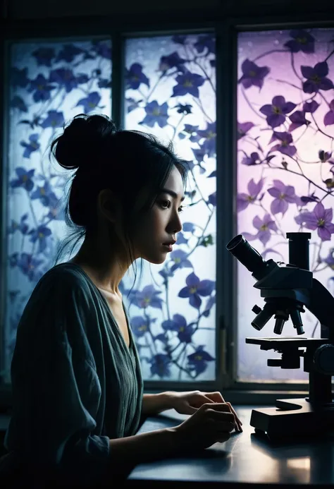 Beautiful botanical genius, Misaki Sato, 28, Japanese, long black hair in a messy bun, concentrated expression, in a dimly lit laboratory, peering through a microscope at a mysterious rainbow-colored clematis, moonlight through a large window casting long ...