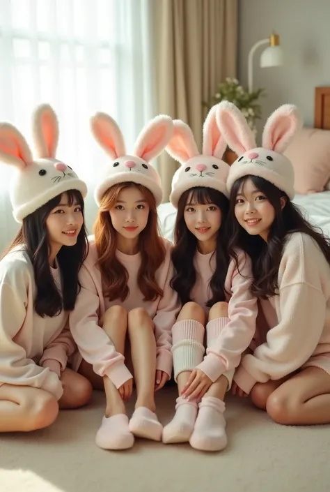 (photorealism:1.2), kpop group, four female members, beautiful, talented, fun, children&#39;s, kpop, soft, tender with bunny hats, sitting on the floor in a nice room, nice face, pretty and tender
