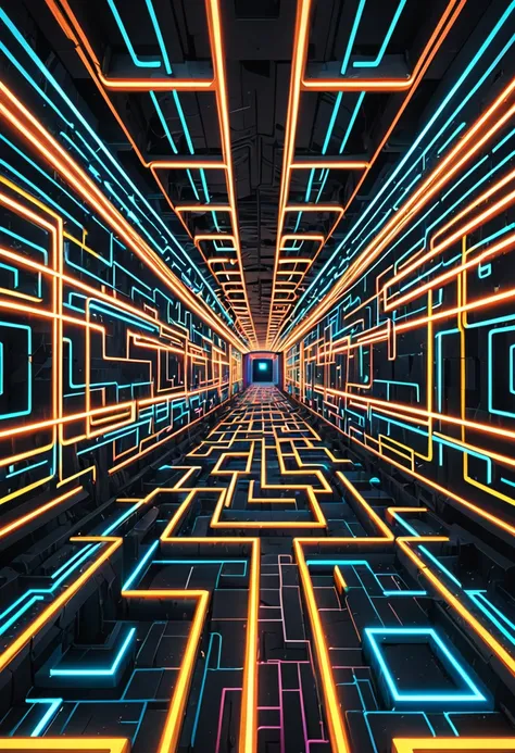 neon line lights lead you through a maze-like pattern, (ultra detailed, absolutely resolution, best quality:1.3), 2.5D, delicate and dynamic effects, artistic photography, hyper realistic, graphic CG digital art, conceptual installation art