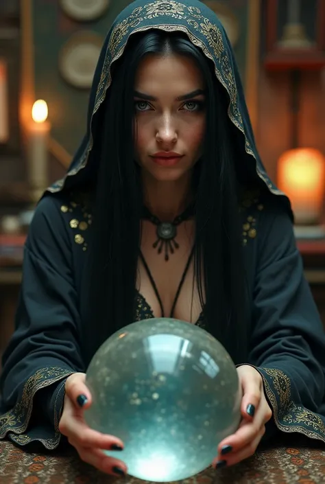 woman, long straight black hair, medium bust, head cloth, dressed as a card fortune teller, crystal ball, gypsy, looking at the camera, photorealistic