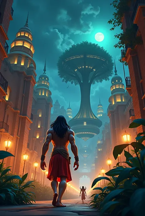 Ine cinematic 3D cartoon style"Exploration of Lanka: Hanuman moving stealthily through the streets of Lanka at night, with golden palaces and demons patrolling the area, as he searches for Sita.

Discovery of Ashok Vatika: Hanuman discovering the lush and ...