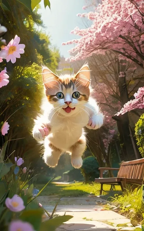 The figure of a kitten jumping around with innocence、Depicts a lovely and soothing scene