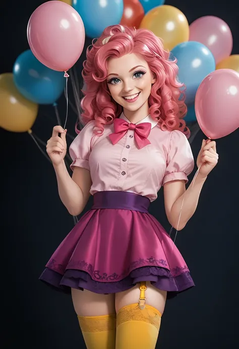 pinkie from the movie "mlp equestria girls",pink fur, very curly hair,  seductive look, pink blouse, purple skirt, yellow thigh ...