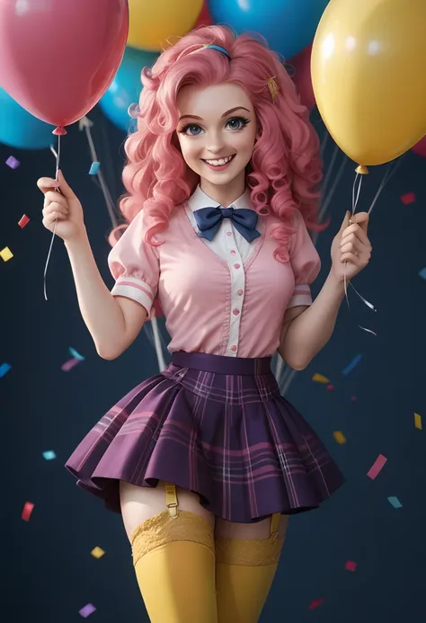 pinkie from the movie "mlp equestria girls",pink fur, very curly hair,  seductive look, pink blouse, purple skirt, yellow thigh ...