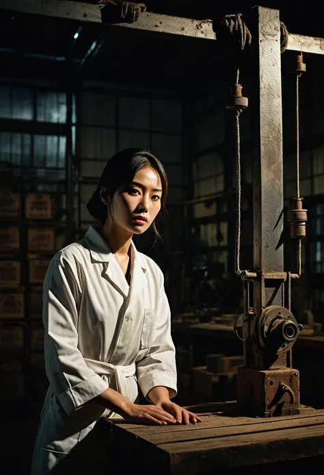 Misaki Sato, a genius botanist; a beautiful girl tied hand and foot to a steel pole in the center, unable to move; a determined; a lab coat; sweat beading on the forehead; the warehouse; a high ceiling with bare beams; dusty light coming through the window...