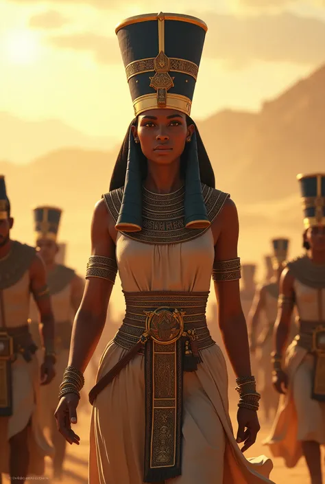 Hatshepsut the pharaoh with an imposing crown leading an army