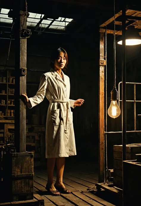 Misaki Sato, a genius botanist; a beautiful girl tied hand and foot to a steel pole in the center, unable to move; a determined; a lab coat; sweat beading on the forehead; the warehouse; a high ceiling with bare beams; dusty light coming through the window...