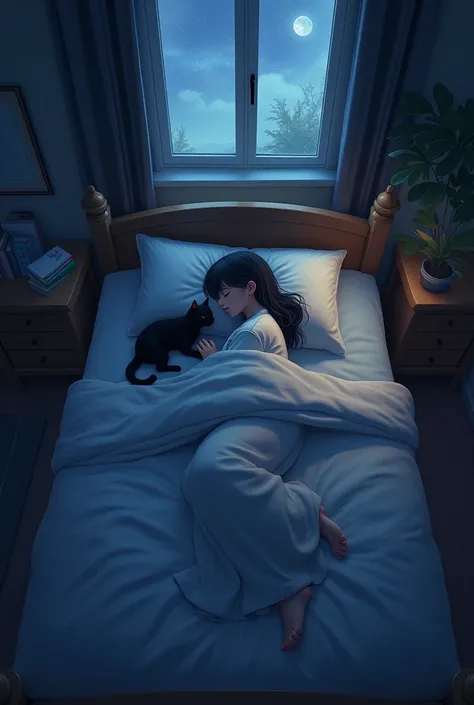 A dimly lit room,with the cute decoration,the window is open and it&#39;s night,there was a girl sleeping there but you could only see her black hair and her bangs,the girl has a medium dark skin tone,top view giving a full view of the room,a black cat sle...