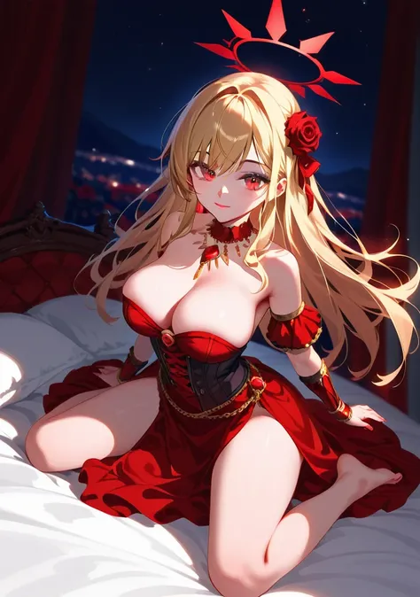 (close up) (full body pose) (standing) (adult woman:1.2) (topless:1.1) (elaborate beautiful dress:1.2) (ruby red chains on wrists) (from above) (ruby red halo) red rose choker, night, dark cozy bedroom, mood lighting, on bed, Absurd, Perfect Anatomy, perfo...