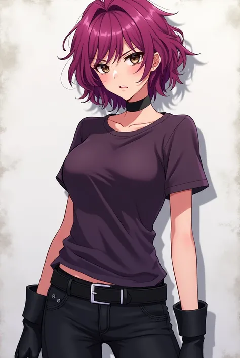 Adult and mature girl, sexy, short curly magenta hair, hazel eyes, with dark purple t-shirt and black pants, black boots, Black choker, annoyed, anime, shonen