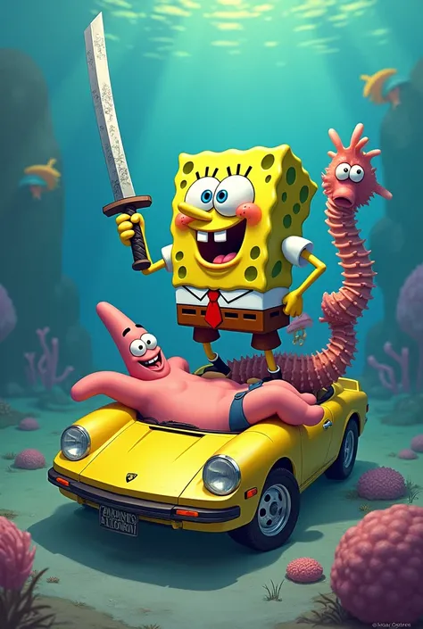 Spongebob holding a zanpakuto while riding a seahorse and patrick naked on a lamborghini
