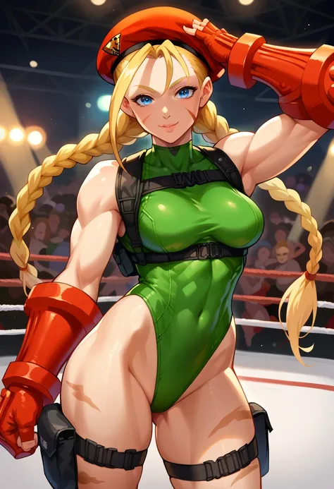 score_9, score_8_up, score_7_up, cammysf,blue eyes, twin braids,blonde hair, ahoge, beret, green leotard, red gauntlets, camufla...