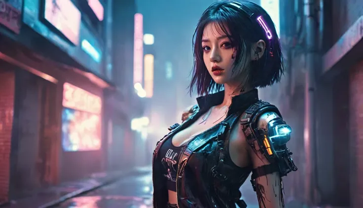 1 girl，beautiful，cyberpunk style,Bling Bling Bling Bling，motion blur，Hold the gun.,Zombies are all over the city.，Leaning against the wall,Cinematic lighting effects