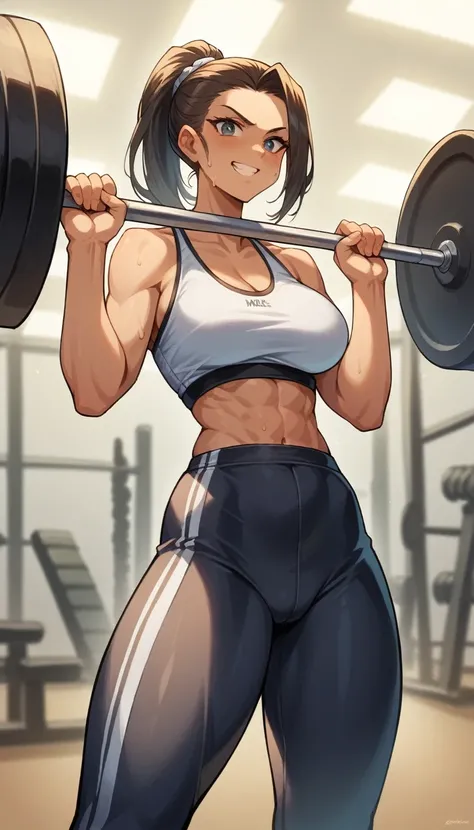 score_9, score_8_up, score_7_up, breasts, A dynamic image of a young woman in a gym setting. She has an athletic build with a determined expression on her face. She is dressed in stylish workout gear, including a fitted tank top and leggings, and is in the...