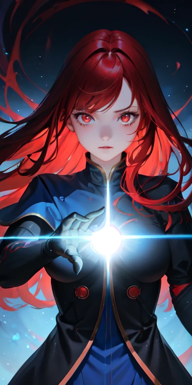 one girl, red hair, golden eyes, fire and ice witch,blue flame effect on the right hand and red flame effect on the left hand, p...