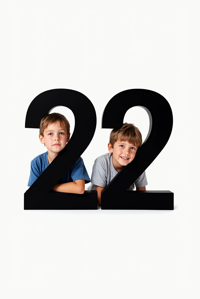 Make a image of number 22 in black colour with 2 boys white background 