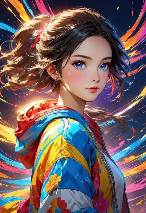 ((Very detailed)),Unbelievably absurd,Sporty girl posing for the camera,Simple Background,Colorful effects,Light streaks effect,((masterpiece, Highest quality, Very detailedCG, unity 8k wallpaper )),(masterpiece, Highest quality, Highest quality, Official ...