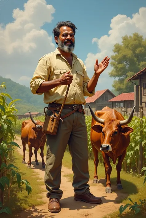 In oil painting "A proud farmer showing off his successful farm to visiting guests or journalists"** - Highlights Ramesh’s pride in his achievements."