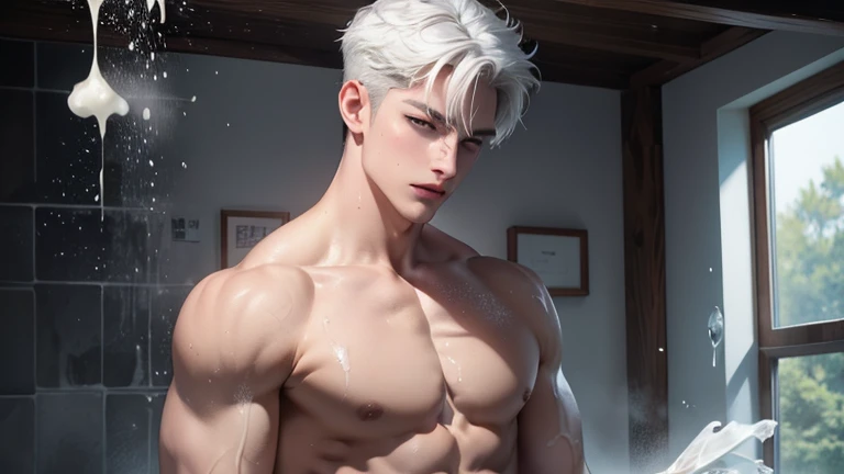 A young boy with white hair，fair skin，handsome，The triangle briefs are wet, so I took half of them off.，裸上半身Soaked in milk，Showing six-pack abs and chest muscles with water droplets on them，Soaked in milk，纖細長腿Soaked in milk，There is a big protrusion from b...