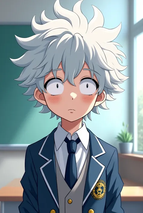 Boku no hero academia art style, boy of , hair made of clouds, pale skin, eye white, bright and without scuffs, dressed in UA uniform, and with a sleepy face, with a classroom background.