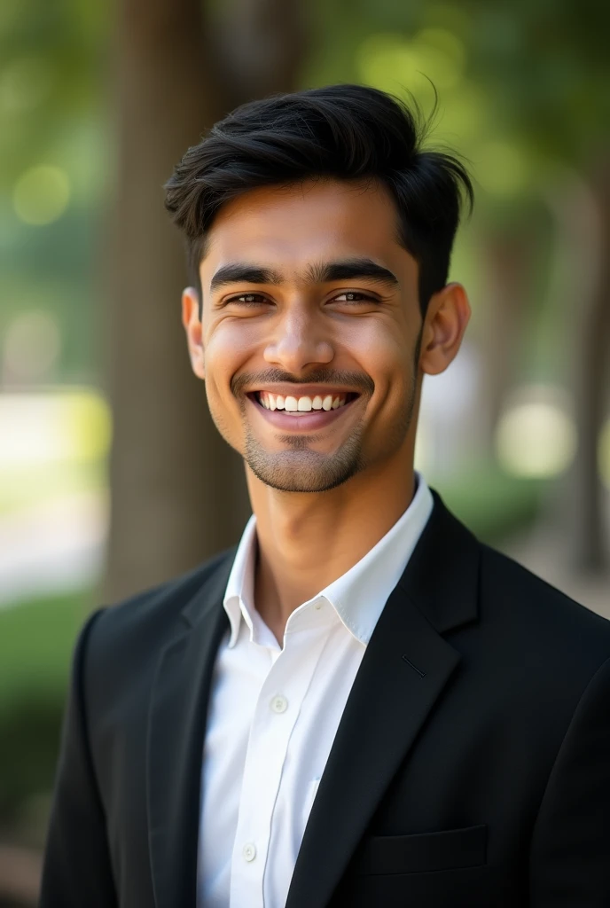 A young indian student with dark professional hair and a confident smile. He is dressed in a black blazer over a white shirt healthy face. The boy is positioned soft colour with blurred natural background and he is posing for LinkedIn profile 1:1 Ratio