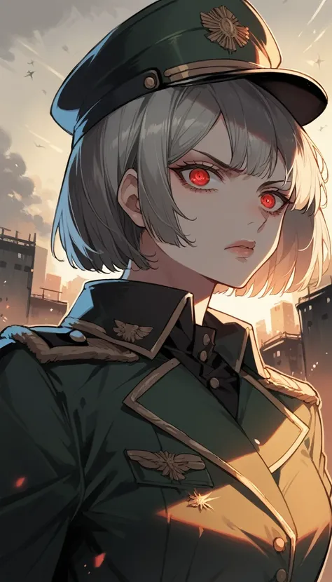 score_9, score_8_up, score_7_up, source_anime, best quality, amazing quality, absurdres, very aesthetic, 1girl, beautiful detailed eyes, beautiful detailed lips, military caps, military uniform, red eyes, short hair, grey hair, Bob Cut, a girl showing scar...