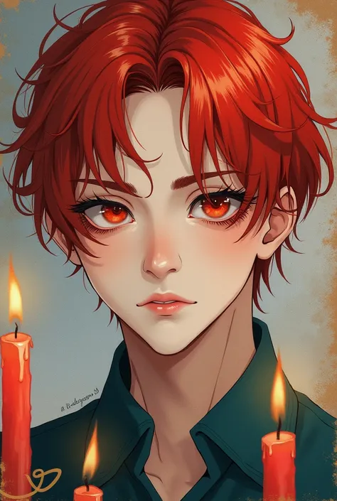 semi-realism, digital art, niji, concept art, masterpiece, anime, illustration, focus on the face, high detail, volumetric watercolor, surrealism, grunge, Men, count, rococo, almond-shaped eyes, very long eyelashes, white skin, blush, red hair, candles, de...