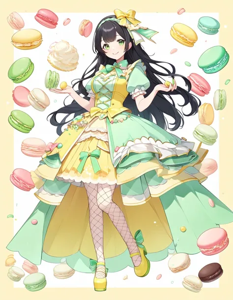 Woman, cute, adorable, full body, smiling, straight hair, long hair, black hair, standing, full breasts, Macaron Delight idol costume, featuring motifs of colorful macarons and whipped cream, with a color palette of (pastel yellow:1) and (mint green:0.7), ...