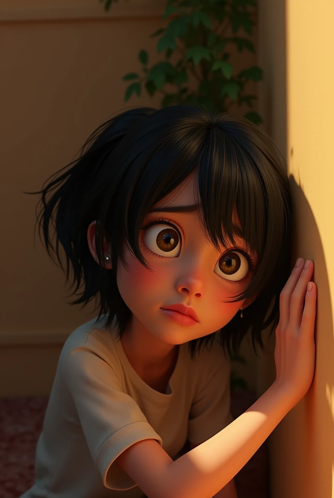   with black hair reflecting sadly with one hand on the wall, disney pixar style 3d. 