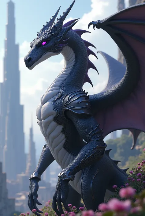 a slim humanoid dark gray dragon with white belly standing, wearing half plate armor, purple eyes, sustainable city background, celestial, light, creative.