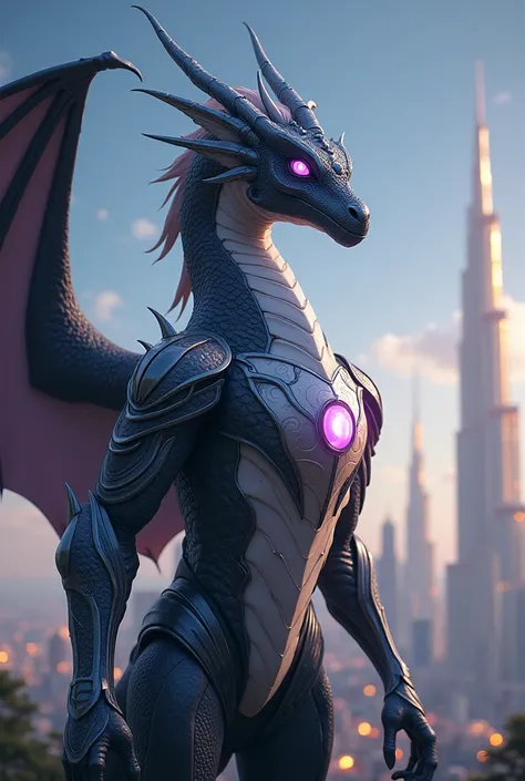 a slim humanoid dark gray dragon with white belly standing, wearing half plate armor, purple eyes, sustainable city background, celestial, light, creative.