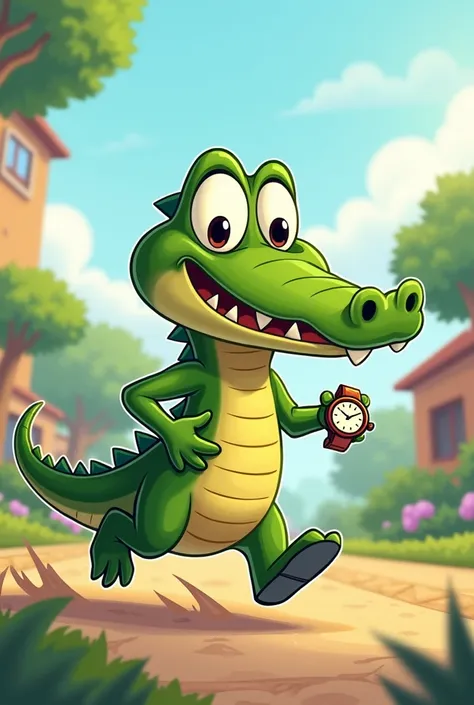 crocodile running late cartoon for toddlers with watch on hand