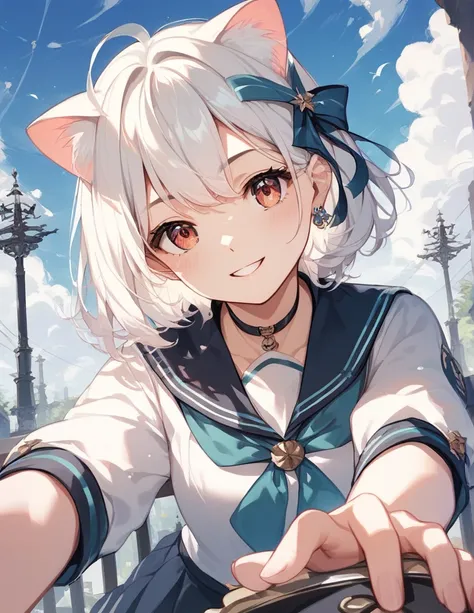 score_9, score_8_up, score_7_up, score_6_up, source_anime, rating_safe, masterpiece, best qualityer, Cat-eared girl with white hair, Straight ahead, Viewers POV, hands out, adolable, sailor outfit