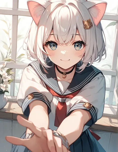 score_9, score_8_up, score_7_up, score_6_up, source_anime, rating_safe, masterpiece, best qualityer, Cat-eared girl with white hair, Straight ahead, Viewers POV, hands out, adolable, sailor outfit