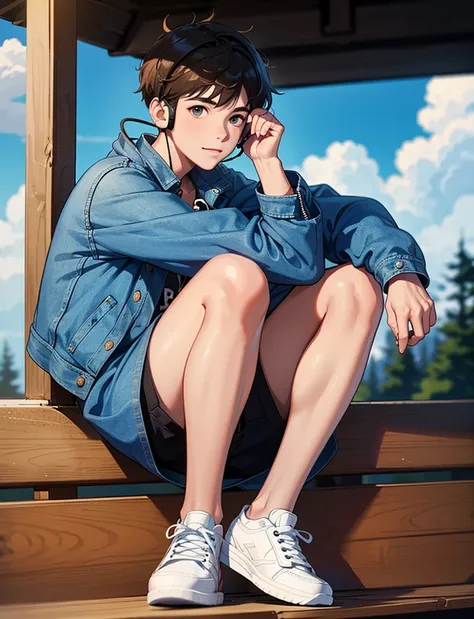 A young boy with，Wear a denim jacket，Wear sneakers，With a headset，Happy，Sitting in a coffee shop drinking coffee，Looking at the clouds in the sky，Close-up full-body photo，Ultra-high definition