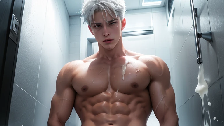 A young boy with white hair，fair skin，handsome，The triangle briefs are wet, so I took half of them off.，裸上半身Soaked in milk，Showing six-pack abs and chest muscles with water droplets on them，Soaked in milk，纖細長腿Soaked in milk，There is a big protrusion from b...