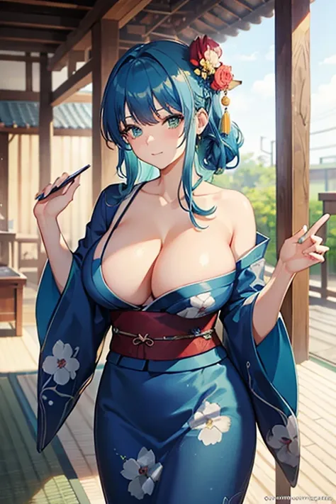 Blue hair, green eyes, huge breasts, yukata, festival, adult woman