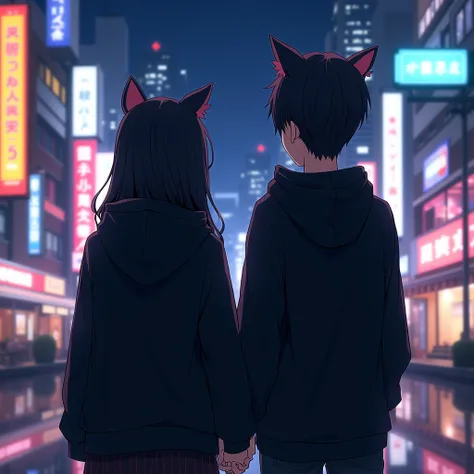 couple anime wearing black hoodie, 
with cat ears, in japan citylights background, and the girl is black long hair