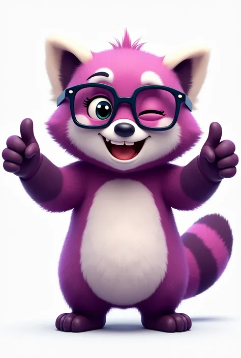 The image depicts a cartoon character that is a red panda with purple fur and cartoon design., standing. He wears black-framed glasses and has a friendly, playful expression., with a smile and one eye winking. The character&#39;s paws are raised, Making a ...