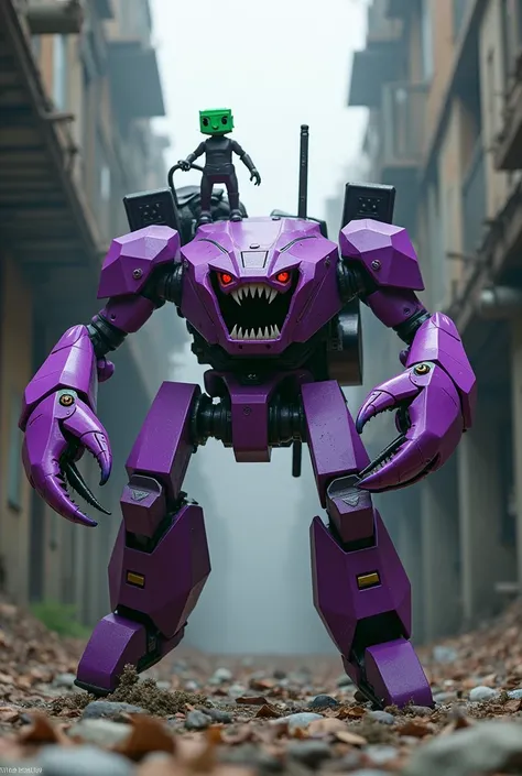 highly detailed hexagonal prism robot with crab-like legs, red eyes, sharp teeth, a purple crab-shaped body, floating on air. claw hand. high tech design.. big bazooka on back pack.oysters shape..purple and silver color. Claw machine arm. Small green guy c...