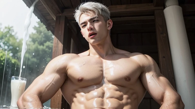 A young boy with white hair，fair skin，handsome，The triangle briefs are wet, so I took half of them off.，裸上半身Soaked in milk，Showing six-pack abs and chest muscles with water droplets on them，Soaked in milk，纖細長腿Soaked in milk，There is a big protrusion from b...