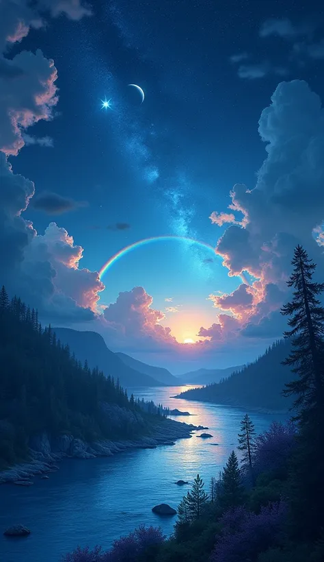 

 There is a  ashy blue night.looking very magical. A star is more twinkle. Under the sky there is a amazing river. There is a  rainbow near to horizone. It is night. But there is a rainbow. and also a eclips in one side. Its very imaginaty. But look like...