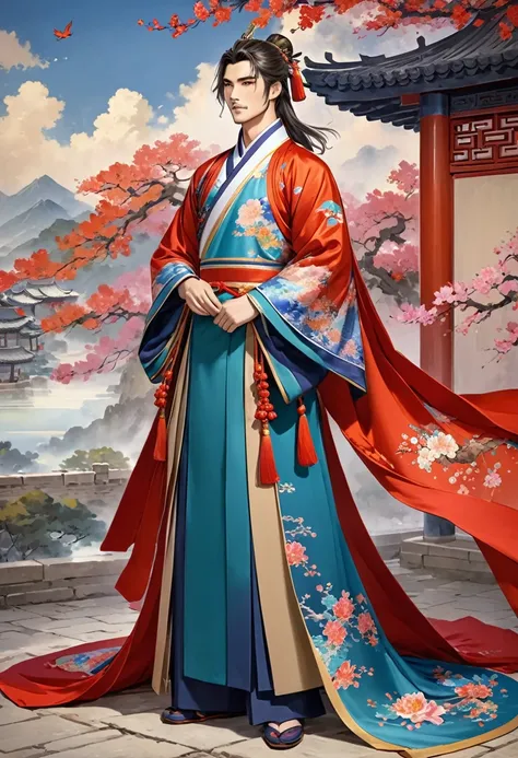 Romance of the Three Kingdoms Zhou Yu, Handsome, Clothes made of dopo, Full body exposed, Clothes made of fabric, traditional chinese dress, Dress well